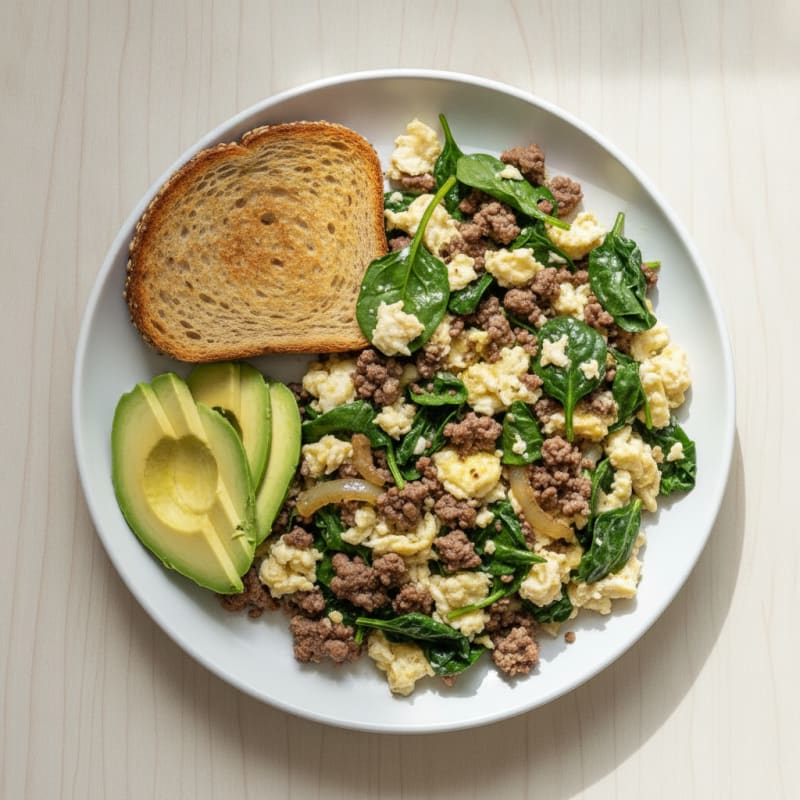 Egg White and Beef Mince Scramble with Spinach