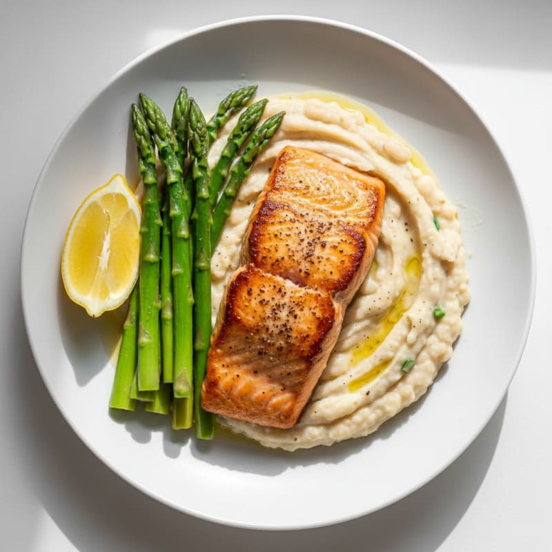 Seared Salmon with Creamy White Bean Mash and Steamed Asparagus