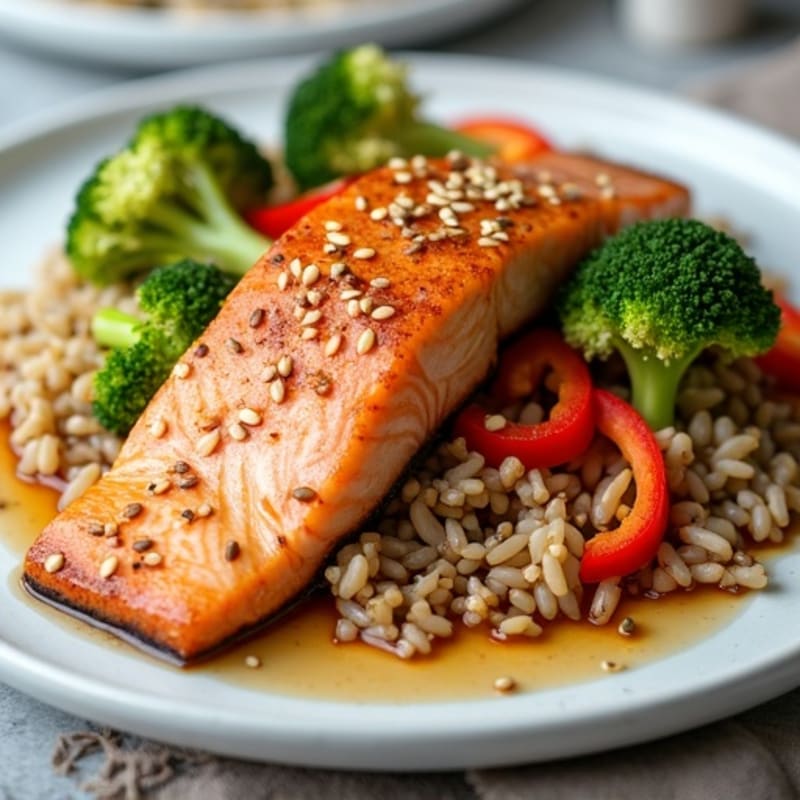 Flaky Sesame Salmon with Brown Rice and Crisp Veggies