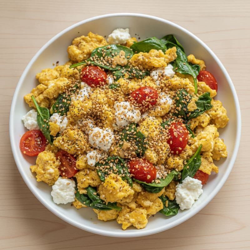 Cottage Cheese Egg Scramble with Spinach and Cherry Tomatoes