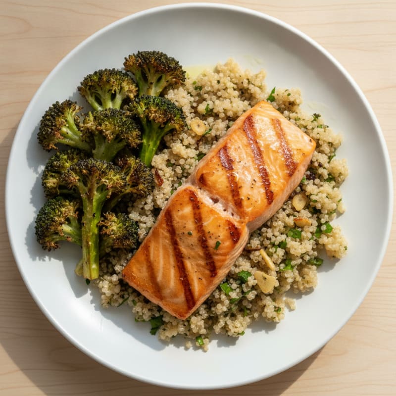 Seared Salmon Fillet with Roasted Broccoli and Garlic Quinoa