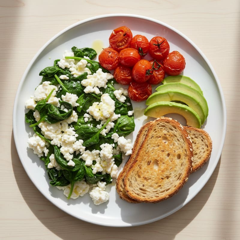 Egg White Spinach Scramble with Cottage Cheese and Cherry Tomatoes
