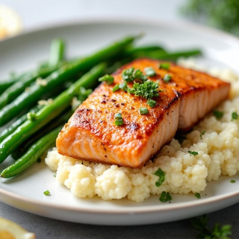 Seared Salmon Fillet with Steamed Green Beans and Garlic Mashed Cauliflower