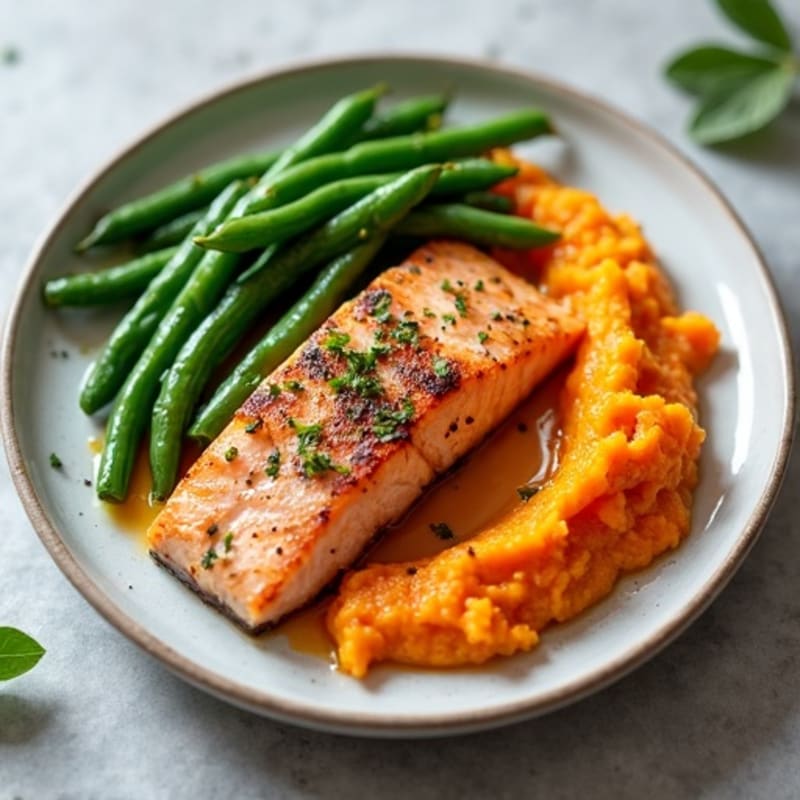 Seared Salmon Fillet with Steamed Green Beans and Sweet Potato Mash