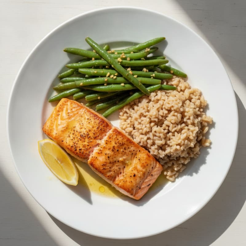 Seared Salmon Fillet with Garlic Green Beans and Brown Rice