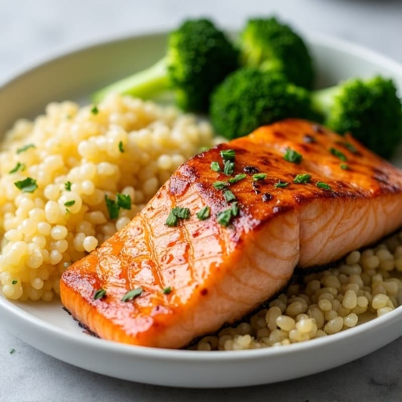 Seared Salmon Fillet with Steamed Broccoli and Lemon Quinoa