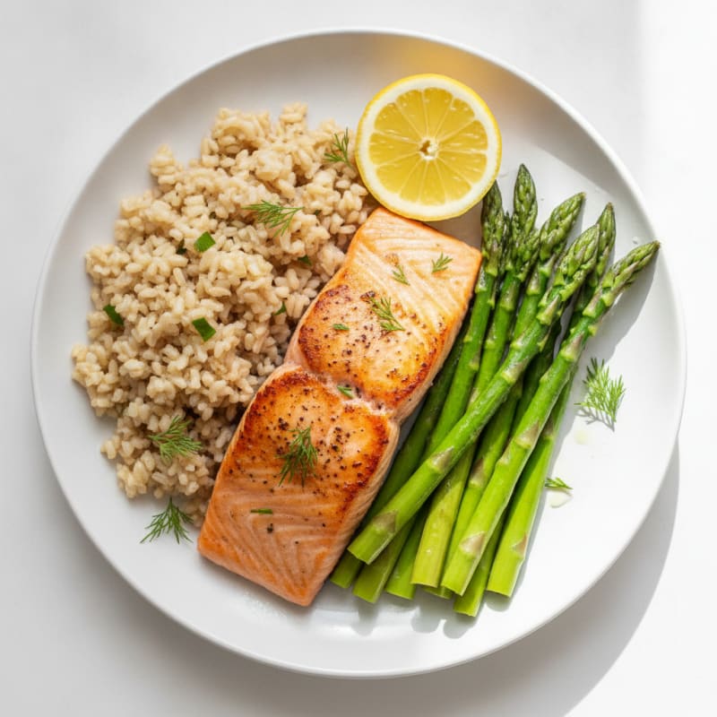 Seared Salmon with Steamed Asparagus and Brown Rice