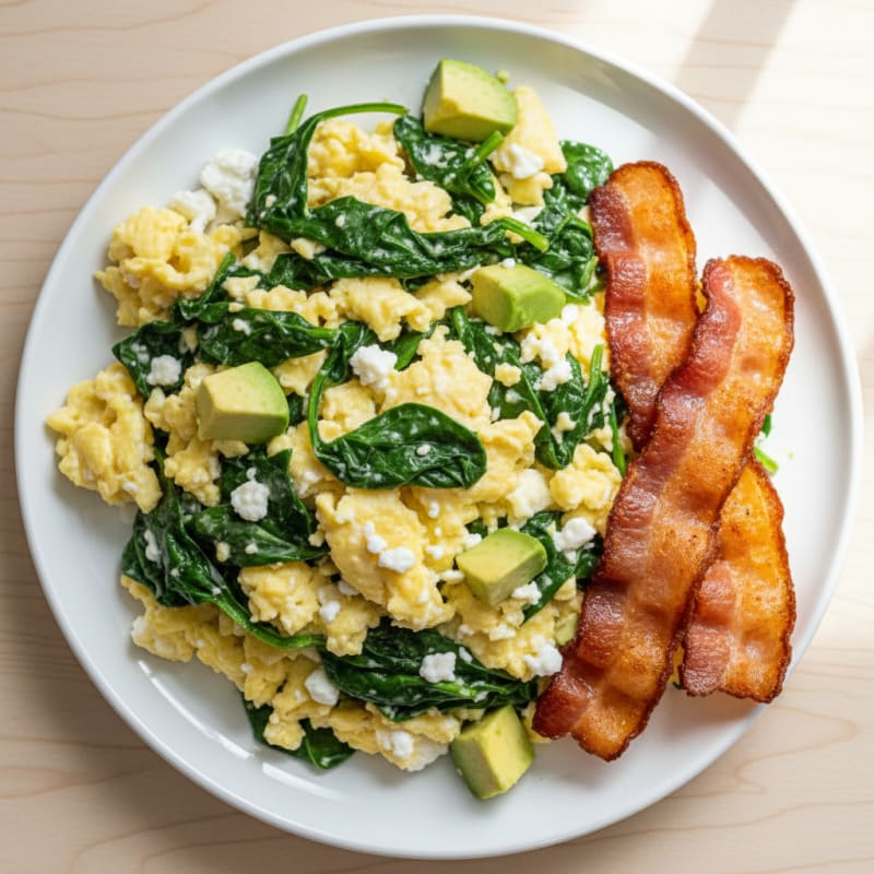 Cottage Cheese Egg Scramble with Spinach and Turkey Bacon