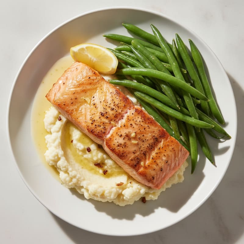 Seared Salmon with Steamed Green Beans and Garlic Mashed Cauliflower