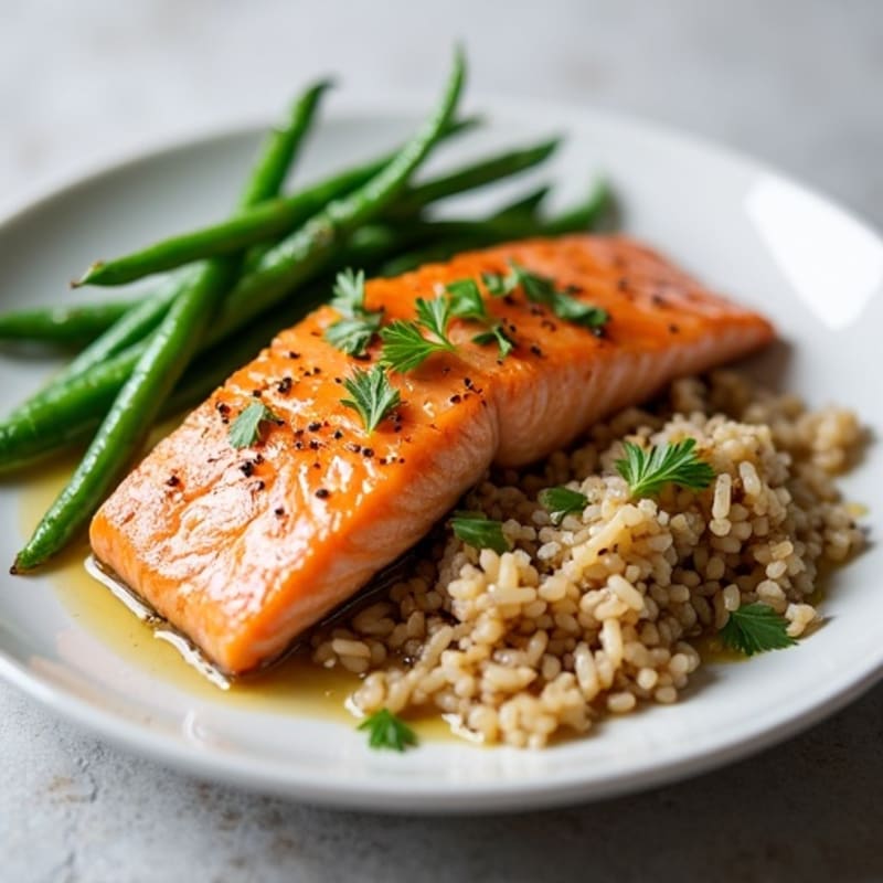 Seared Salmon with Garlic Green Beans and Brown Rice