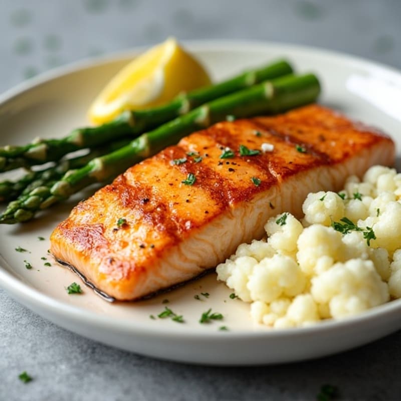 Seared Salmon Fillet with Steamed Asparagus and Mashed Cauliflower