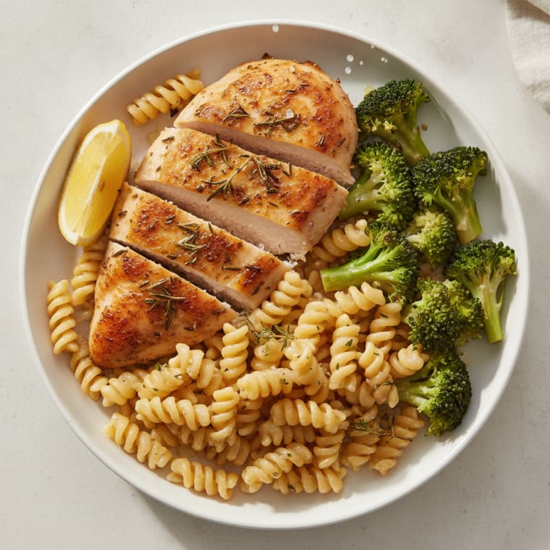 Herb-Seared Chicken Breast with High-Protein Pasta and Broccoli