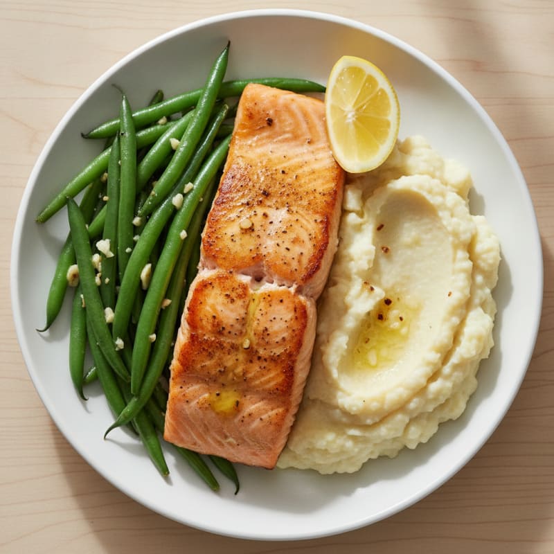 Seared Salmon Filet with Garlic Green Beans and Cauliflower Mash
