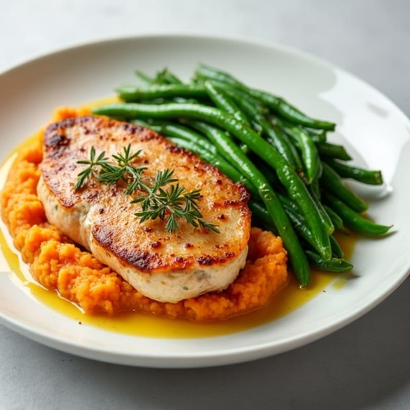 Seared Turkey Breast with Steamed Green Beans and Sweet Potato Mash