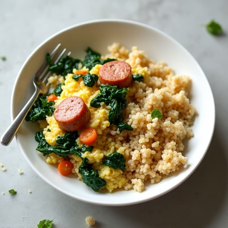 Egg White and Turkey Sausage Scramble with Sautéed Spinach