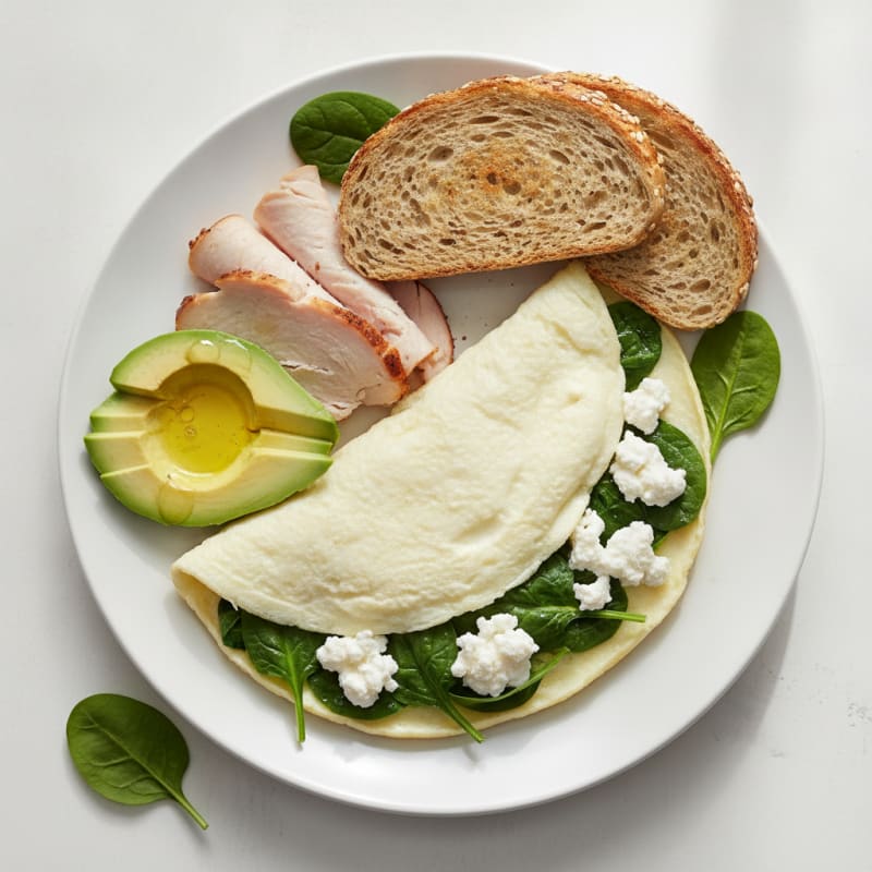 Egg White Spinach Omelet with Cottage Cheese and Sliced Turkey