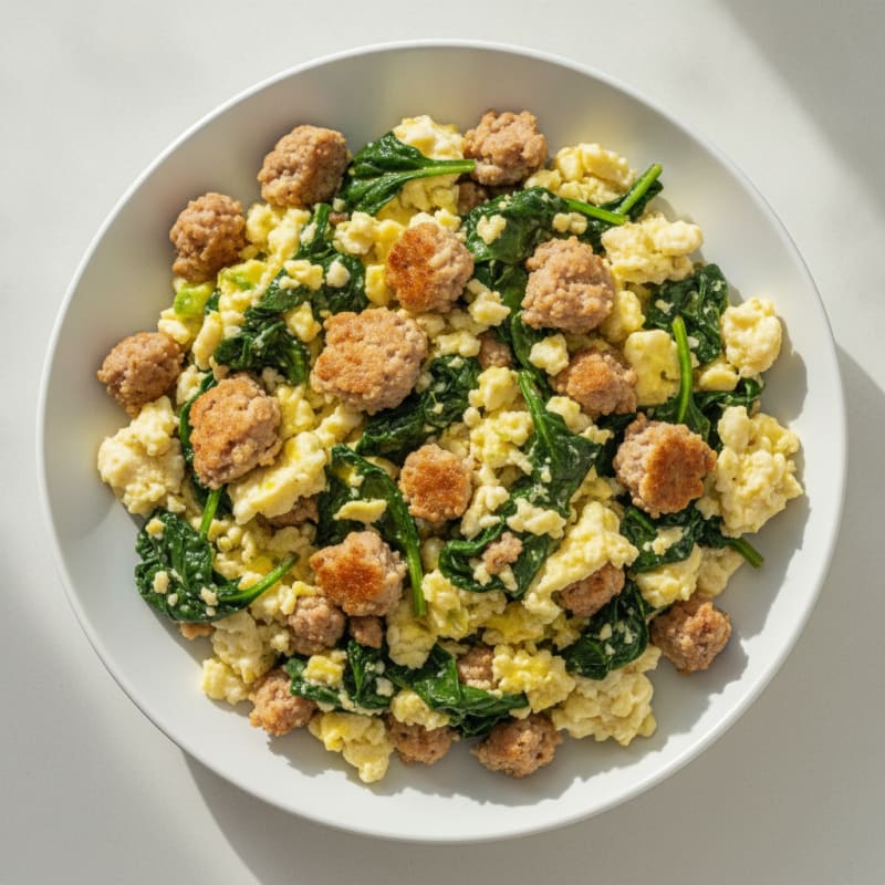Scrambled Egg Whites with Turkey Sausage and Sautéed Spinach