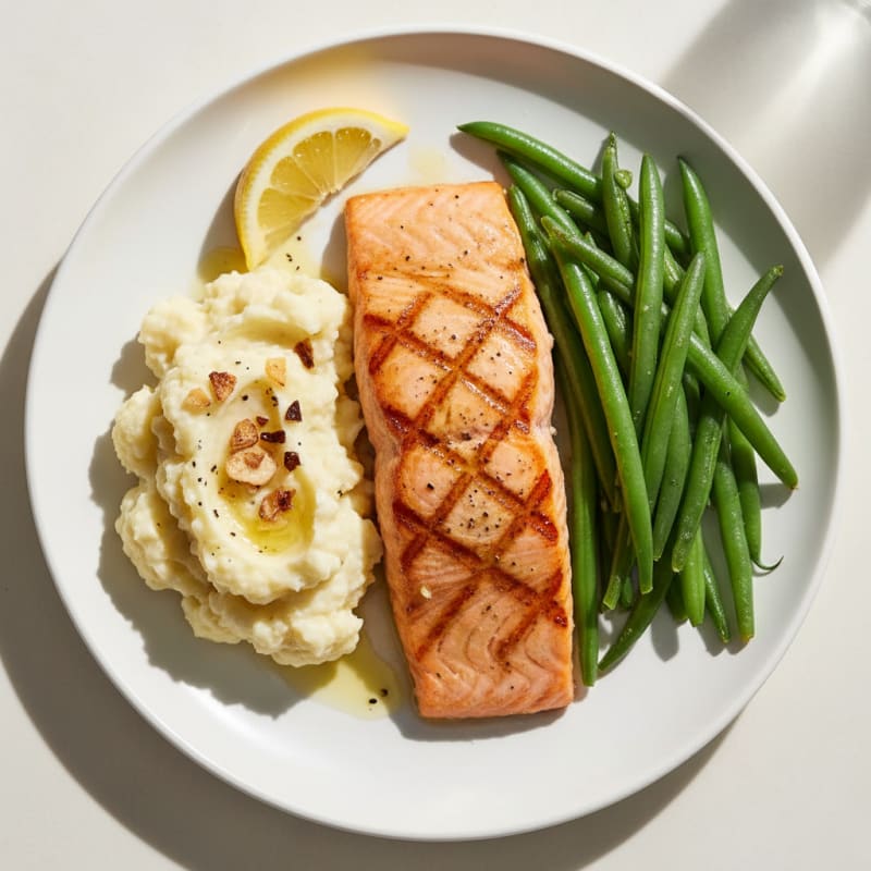 Seared Salmon Fillet with Steamed Green Beans and Garlic Mashed Cauliflower