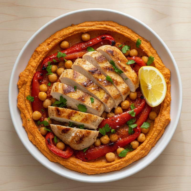 Roasted Red Pepper Hummus Bowl with Chicken
