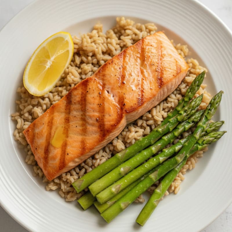 Seared Salmon with Steamed Asparagus and Brown Rice