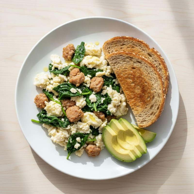Egg White Scramble with Turkey Sausage and Sautéed Spinach