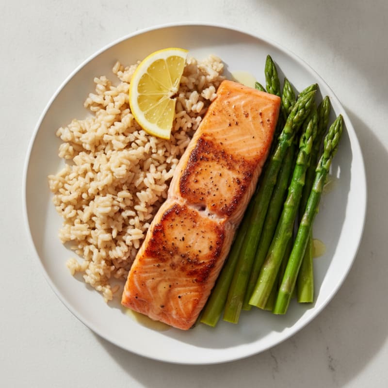 Seared Salmon Fillet with Steamed Asparagus and Brown Rice