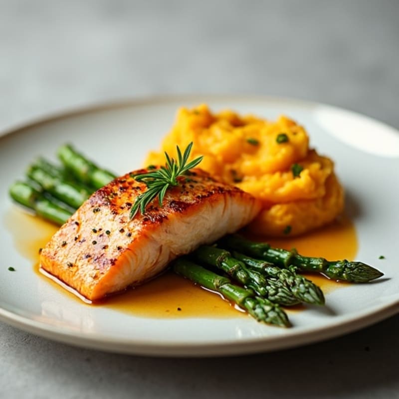 Seared Salmon Fillet with Steamed Asparagus and Mashed Sweet Potato