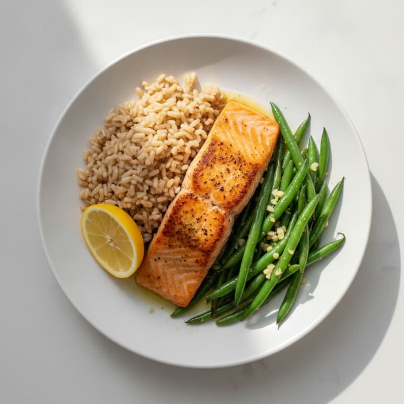 Seared Salmon with Garlic Green Beans and Brown Rice