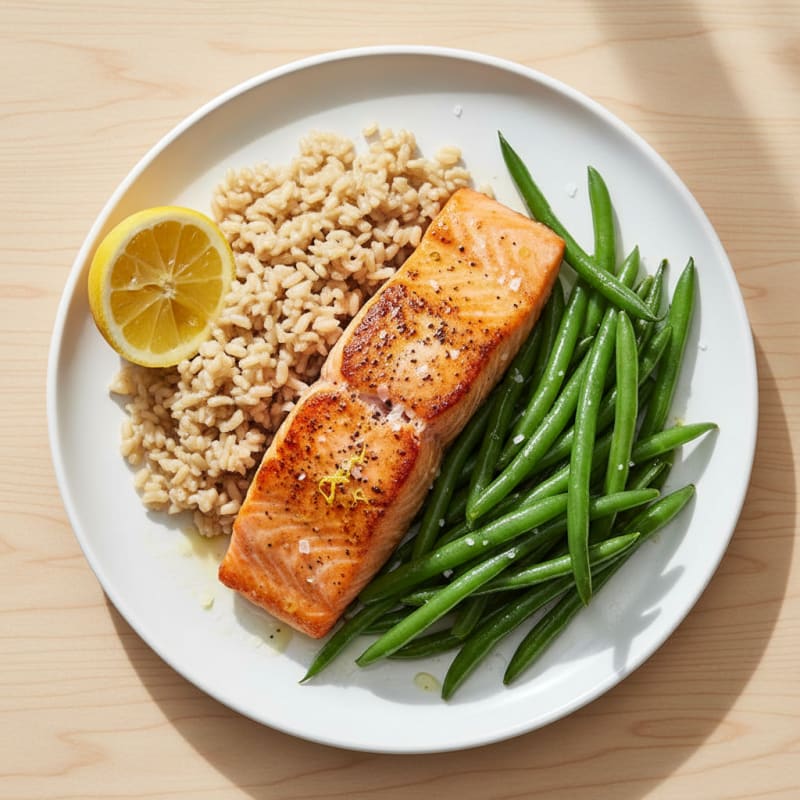 Seared Salmon with Steamed Green Beans and Brown Rice