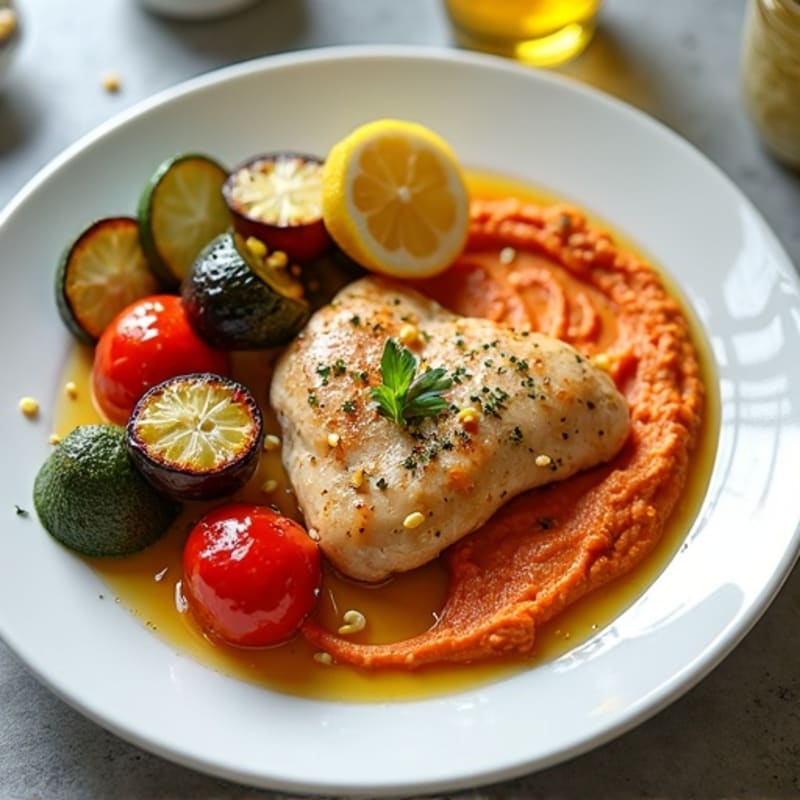 Lemon Herb Chicken with Roasted Vegetables and Creamy Roasted Red Pepper Hummus