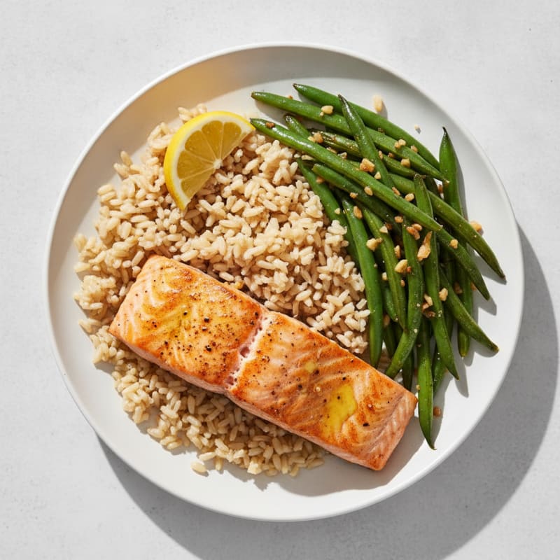 Seared Salmon with Garlic Green Beans and Brown Rice