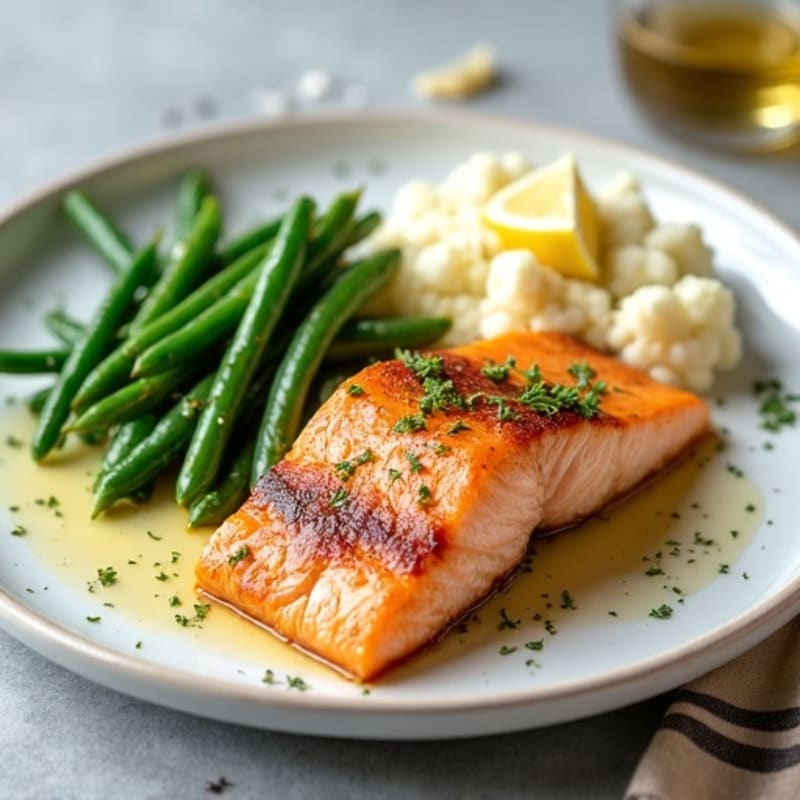 Seared Salmon Fillet with Garlicky Green Beans and Cauliflower Mash