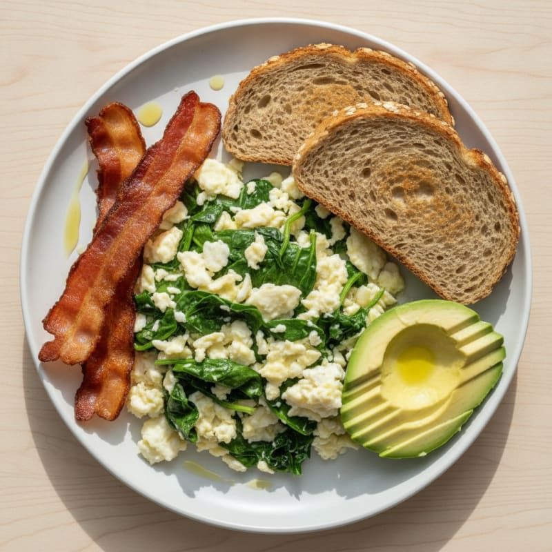 Crispy Turkey Bacon and Egg White Scramble with Spinach