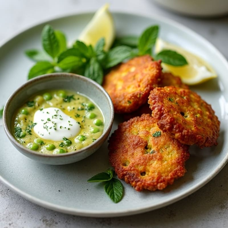 Crispy Spiced Potato and Pea Fritters with Tangy Mint Chutney