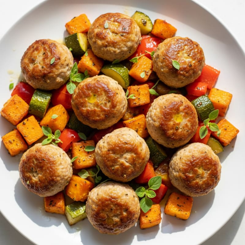 Baked Turkey Meatballs with Roasted Veggie Medley and Sautéed Sweet Potato Cubes