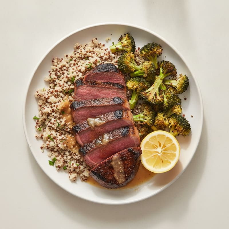 Seared Sirloin with Roasted Broccoli and Quinoa