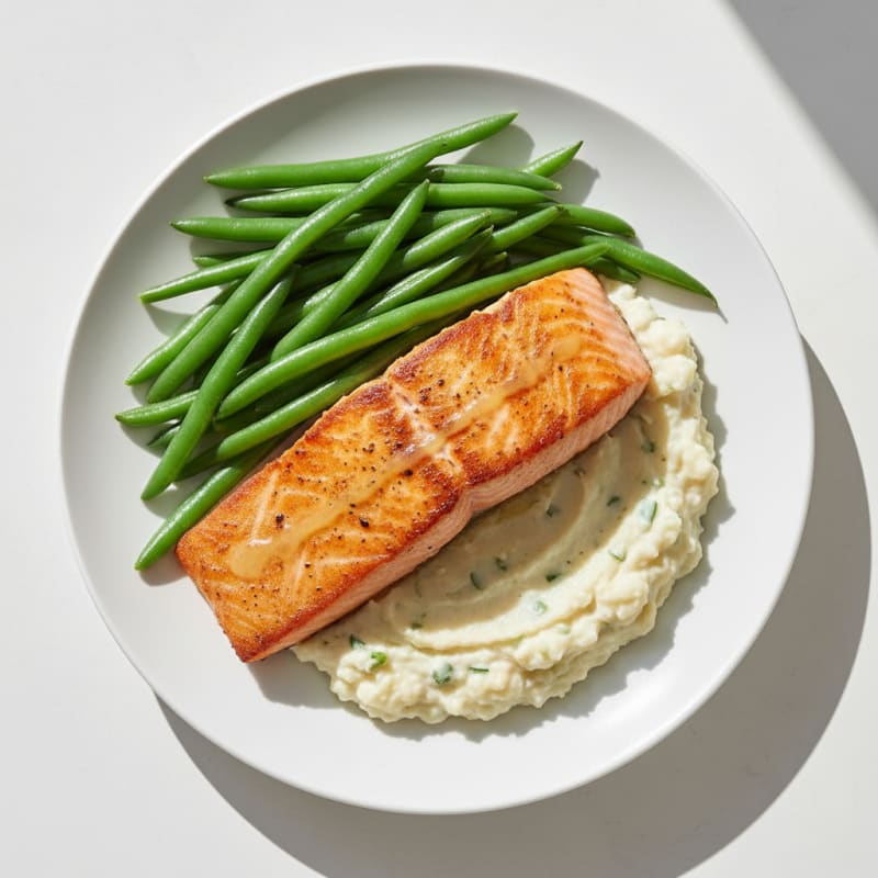 Seared Salmon with Steamed Green Beans and Garlic Mashed Cauliflower