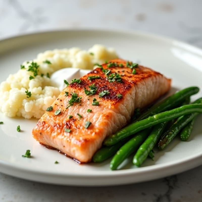 Seared Salmon Fillet with Garlic Green Beans and Cauliflower Mash