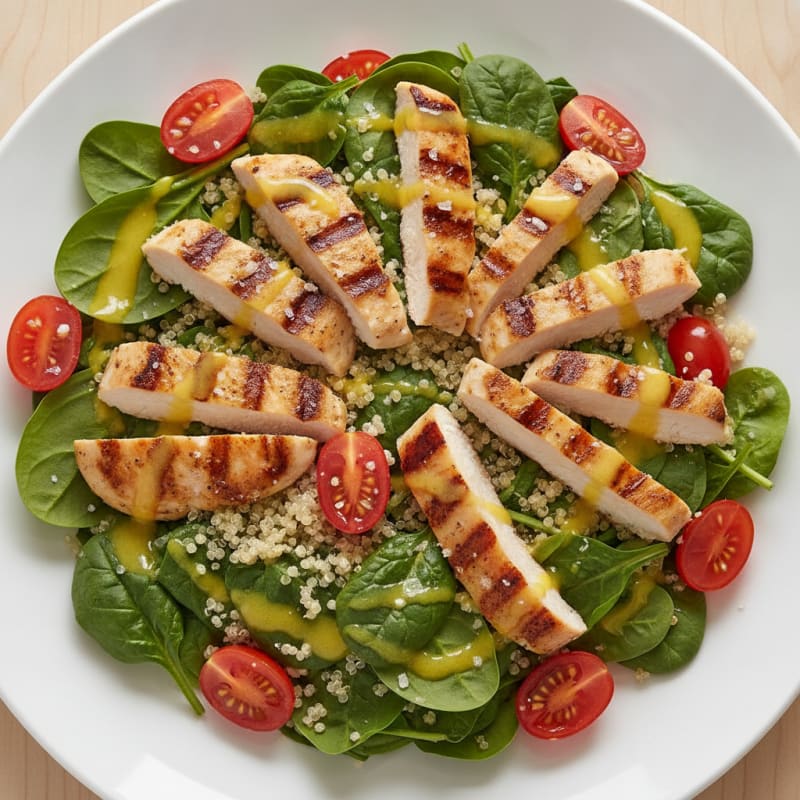 Grilled Chicken and Quinoa Salad with Spinach and Cherry Tomatoes