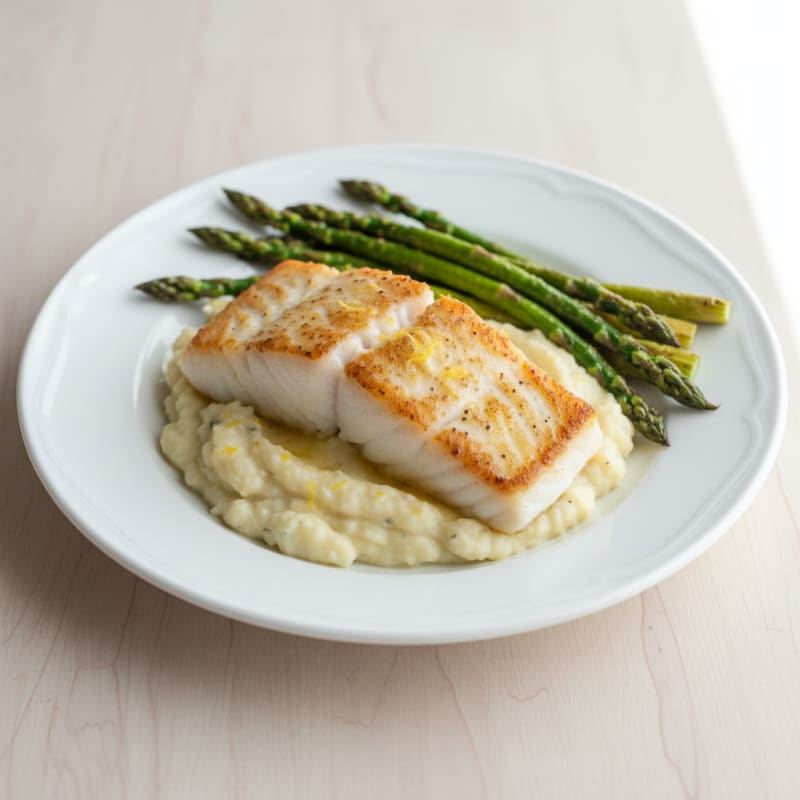 Seared White Fish with Roasted Asparagus and Garlic Cauliflower Mash