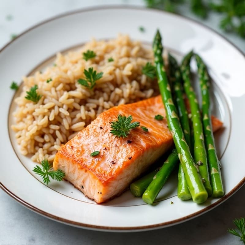 Seared Salmon with Steamed Asparagus and Brown Rice