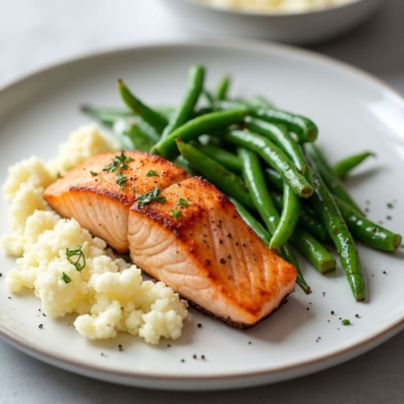 Seared Salmon Fillet with Garlic Green Beans and Cauliflower Mash