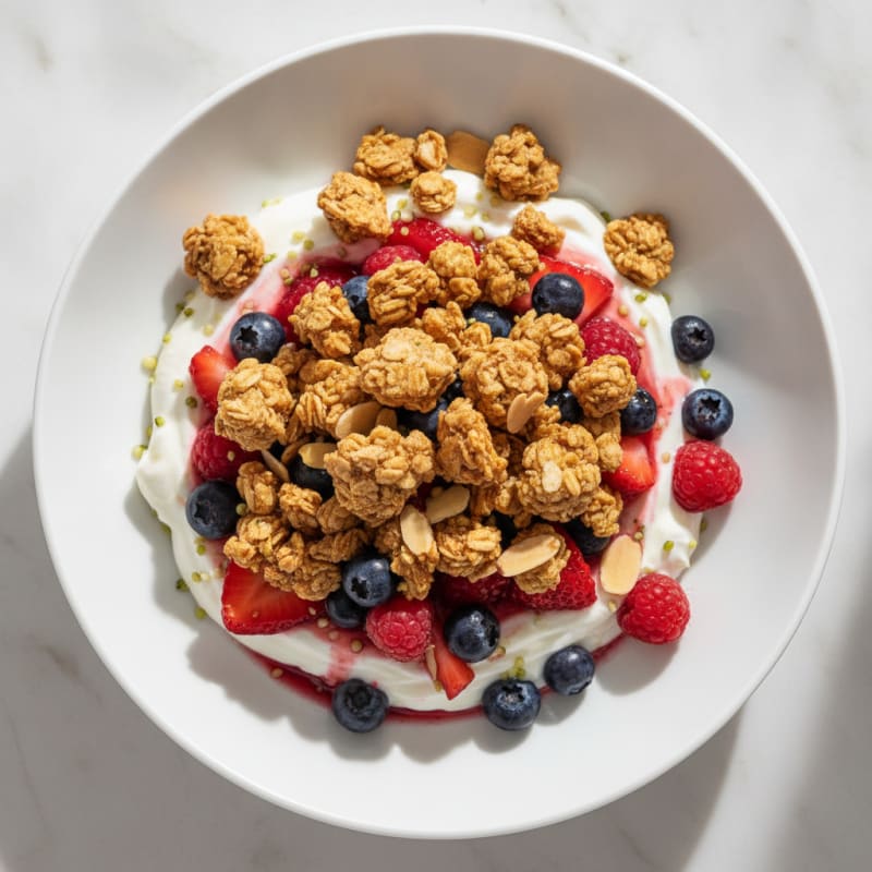 Creamy Greek Yogurt Parfait with Mixed Berries and Crunchy Almond Granola