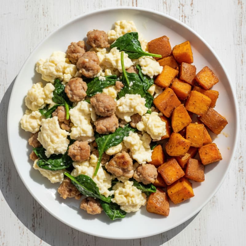 Egg White and Turkey Sausage Scramble with Spinach and Roasted Sweet Potatoes