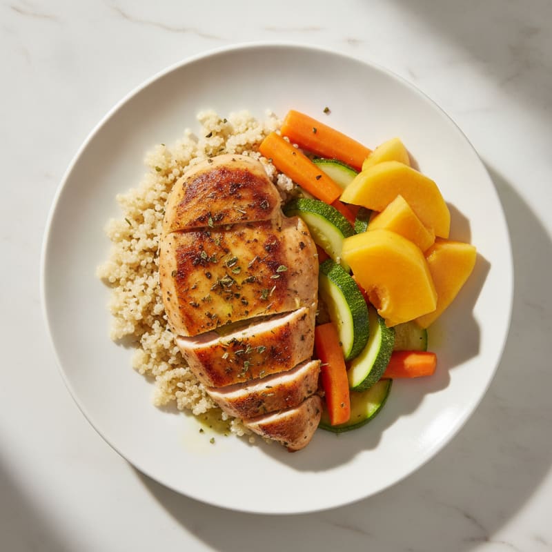 Herb-Roasted Chicken Breast with Quinoa and Steamed Vegetables