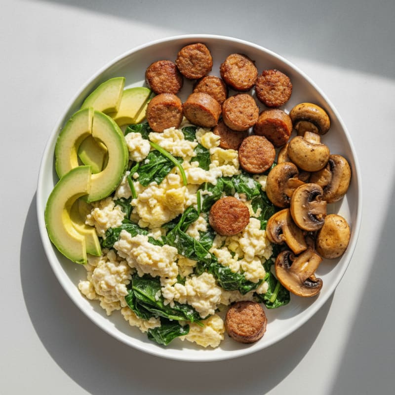 Egg White Spinach Scramble with Turkey Sausage and Sautéed Mushrooms