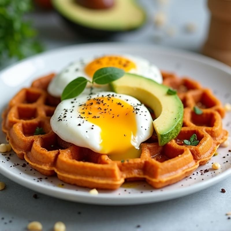 Crispy Sweet Potato Waffles with Poached Eggs and Avocado