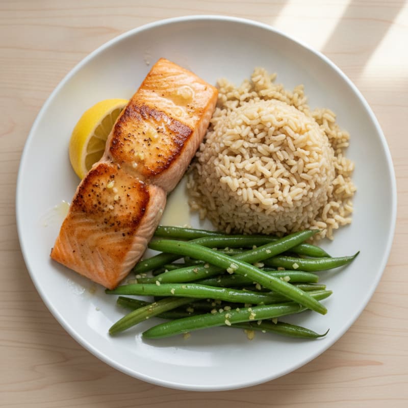 Seared Salmon with Garlic Green Beans and Brown Rice