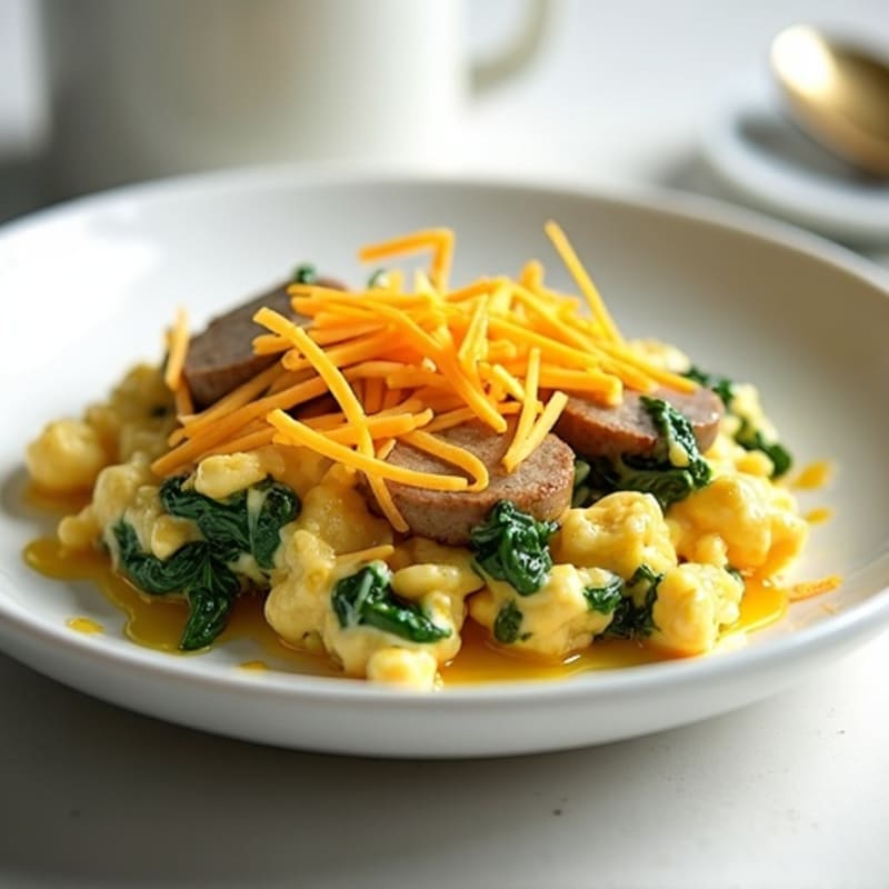 Cheesy Spinach Egg White Scramble with Chicken Sausage