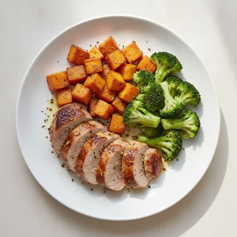 Seared Pork Tenderloin with Roasted Sweet Potato and Steamed Broccoli